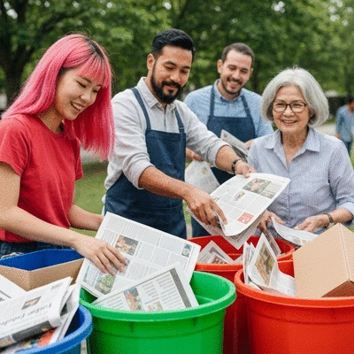 People of diverse ages and backgrounds actively participating in a community paper recycling drive, sorting different types of paper waste into bins, with a green and sustainable vibe