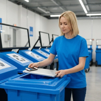 Person responsibly disposing of old electronics into a designated e-waste recycling bin