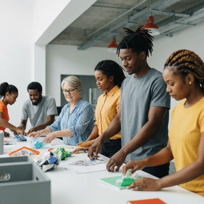 Diverse group of people collaborating on a recycling project, modern office setting, clean image, no text, no words, no typography