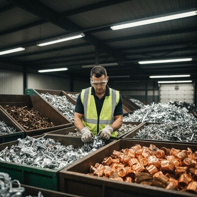 Industrial worker sorting different types of scrap metal for recycling