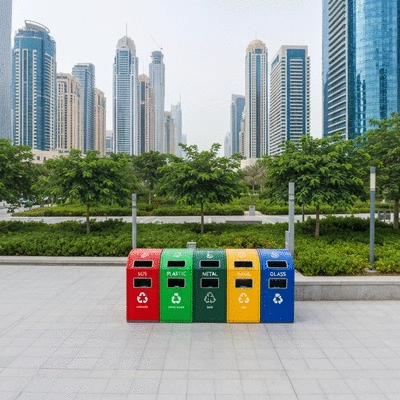 Various colored recycling bins for different types of plastic in a clean, modern setting in the UAE