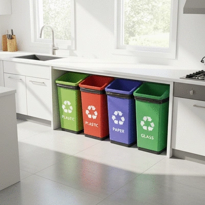 Household recycling bins with separated waste