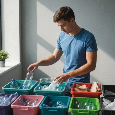 Person sorting various recyclable materials into different bins, clean and organized setting