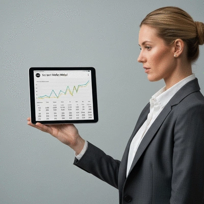 Professional holding a tablet displaying market trends for scrap metal, with a modern, clean background, no text, no words, no typography, clean image