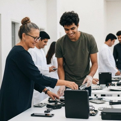 Diverse group of people participating in a community e-waste recycling event in the UAE
