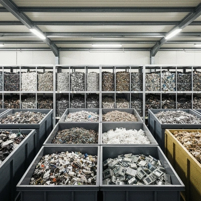 Various types of scrap materials neatly sorted for recycling, including metal, plastic, and electronic waste, in a clean, well-lit facility. No text, no words, no typography, no labels, clean image.