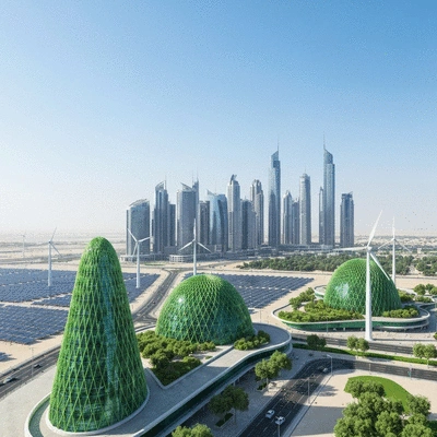 Modern UAE cityscape with green elements and renewable energy infrastructure, symbolizing sustainable development and economic growth