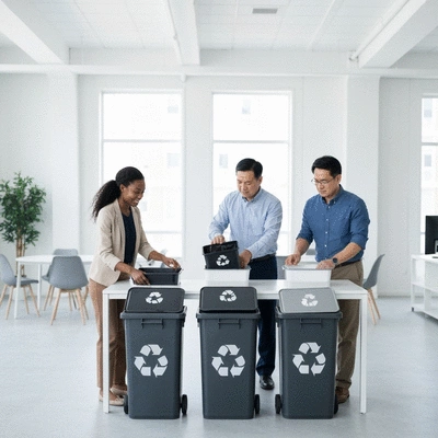 Business employees actively sorting waste into labeled recycling bins in a modern office environment