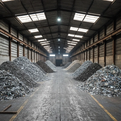An organized metal recycling center with large piles of sorted ferrous and non-ferrous metals, industrial setting, no text, no words, no typography, 8K, natural lighting