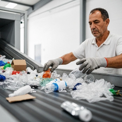 Person sorting through different recyclable materials in a clean, organized facility