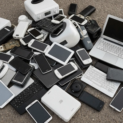 Pile of assorted e-waste items for recycling, including old phones, laptops, and small appliances, in a clean, well-lit recycling facility in the UAE