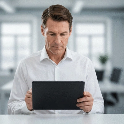 A business professional reviewing an e-waste compliance checklist on a tablet, no text, no words, no typography, clean image