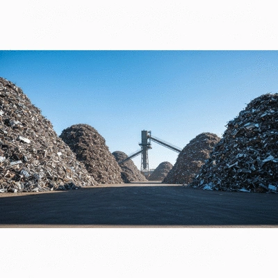 Industrial facility with large piles of scrap metal, clean image