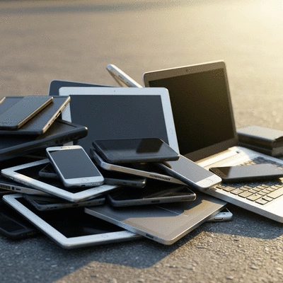 Pile of discarded electronics, like old phones and laptops, ready for recycling, symbolizing the impact and need for e-waste solutions