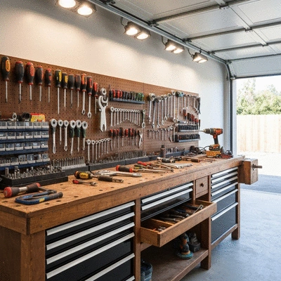 Organized scrap material storage in a home garage with labeled bins