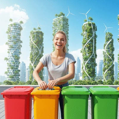 Person sorting recyclables into different bins with a futuristic, sustainable city skyline in the background
