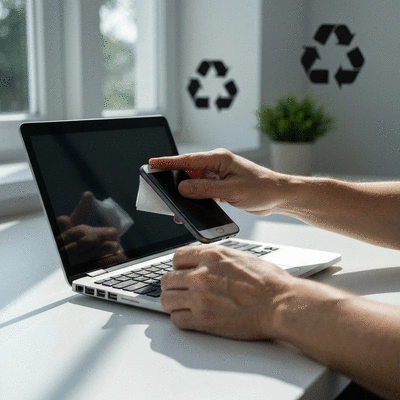 Hands preparing old electronics for disposal, wiping a screen, with recycling symbols in background