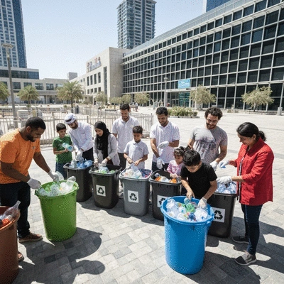 Community members participating in a recycling drive, sorting plastics into bins, with modern buildings in the background