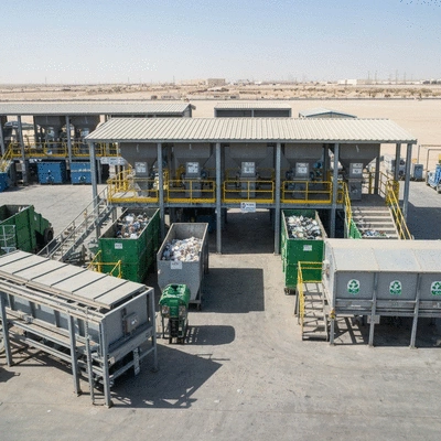 Modern recycling facility in the UAE processing metals, plastics, and electronics, with a focus on sustainability and clean energy