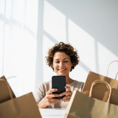 Person using a smartphone to shop online, surrounded by eco-friendly packaging, no text, no words, no typography