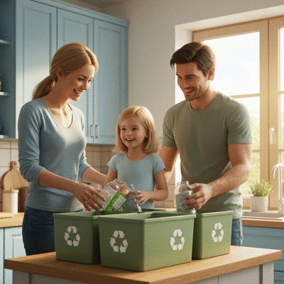 Family sorting recyclables together at home