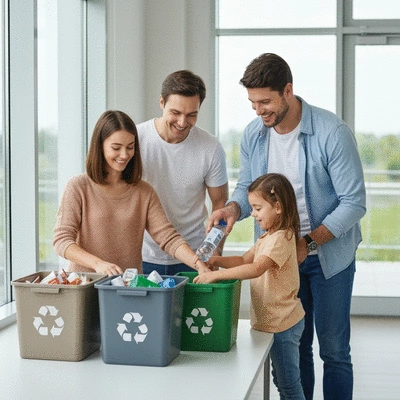 Family sorting recyclables at home, clean image