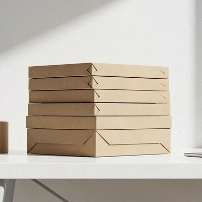 E-commerce packaging made from recycled paper on a minimalist desk, no text, no words, no typography