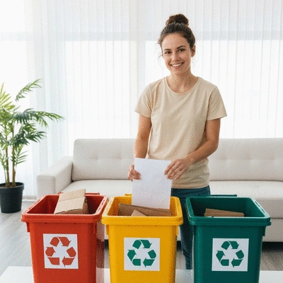 Person sorting paper and cardboard into recycling bins