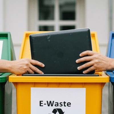 Close-up of hands placing an old laptop into a designated e-waste recycling bin, focused on responsible disposal, no text, no words, no typography, 8K