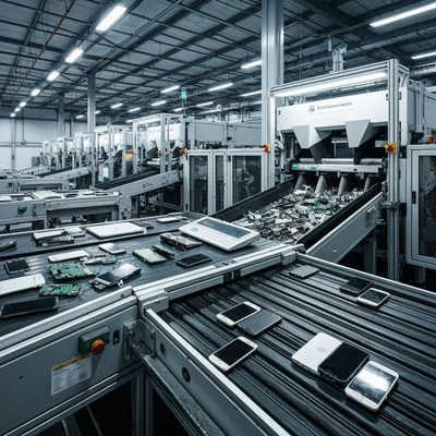 Modern e-waste recycling facility with conveyor belts and sorting machines