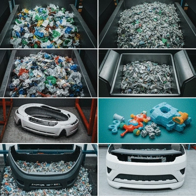 Illustration of plastic recycling process turning waste into new products
