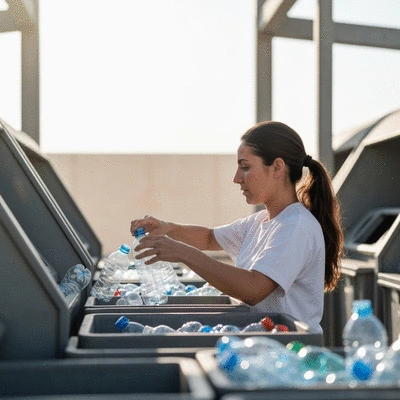Person sorting plastic bottles into recycling bins in the UAE, with a focus on environmental conservation