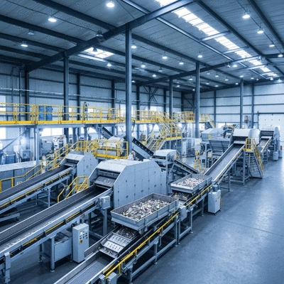 Modern factory floor with advanced recycling machinery, clean and efficient operations