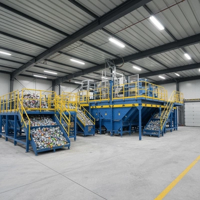 Modern recycling facility in the UAE with sorted materials, highlighting energy savings