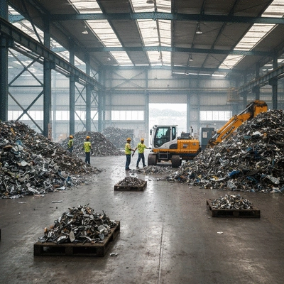 Industrial facility with piles of sorted scrap metal, heavy machinery, and workers, focus on sustainability and efficiency