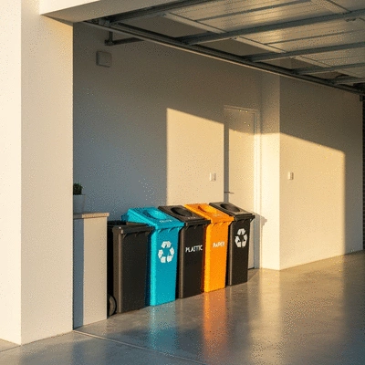 Eco-friendly recycling bins with separate compartments for plastic, paper, and metal in a modern home