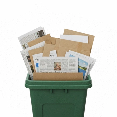 Assorted paper waste being sorted into a recycling bin