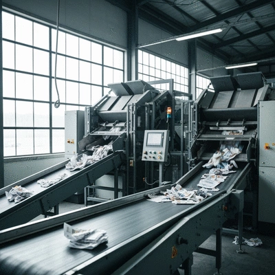 Advanced recycling equipment sorting paper waste in a modern facility