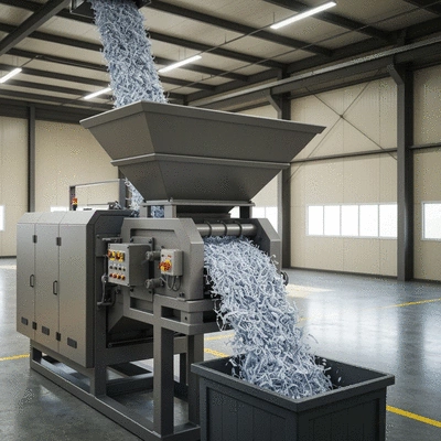 Industrial paper shredder machine in operation with paper waste being fed in