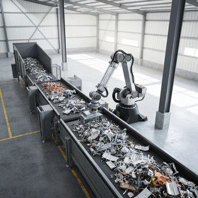 AI-powered robotic arm sorting different types of scrap metal on a conveyor belt in a modern recycling facility