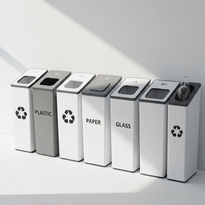 Recycling bins with sorted waste in a clean, modern setting
