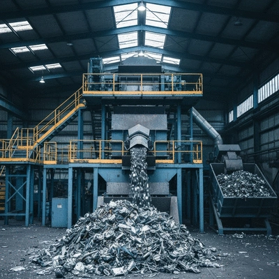 Industrial facility showing scrap metal being processed for recycling, clean image, no text