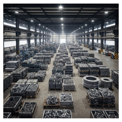 Industrial facility with sorted scrap metal, safety equipment visible, clean environment