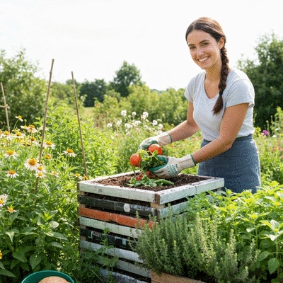 Person adding organic waste to a home compost bin in a garden
