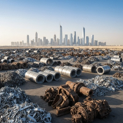 Industrial yard with various types of scrap metal sorted for recycling, sunny day