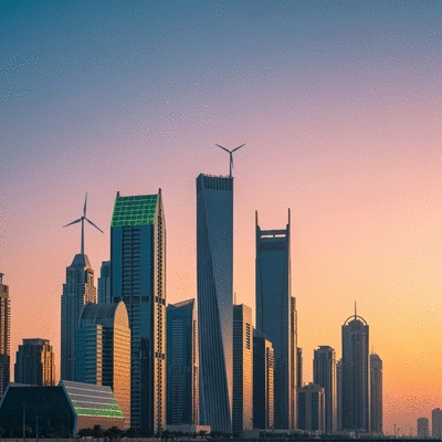 Modern UAE city skyline with green energy elements, representing sustainability and economic growth, clean image, no text