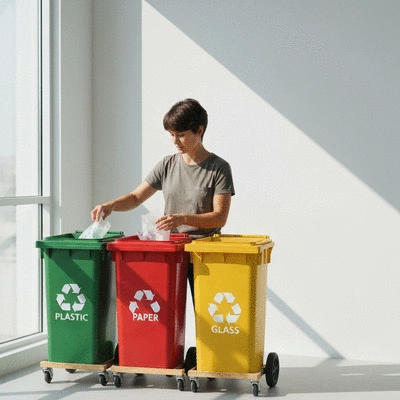 Person sorting plastic waste into recycling bins