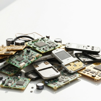 Pile of various scrap electronics like circuit boards, wires, and old mobile phones, with a focus on valuable metals, clean image, no text