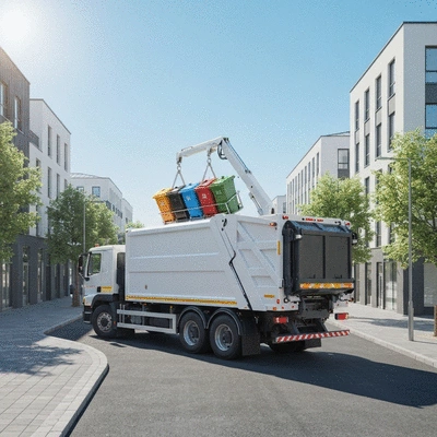 Recycling collection truck picking up bins in a modern city neighborhood, clean and efficient operation, no text, no words, no typography, no labels, clean image
