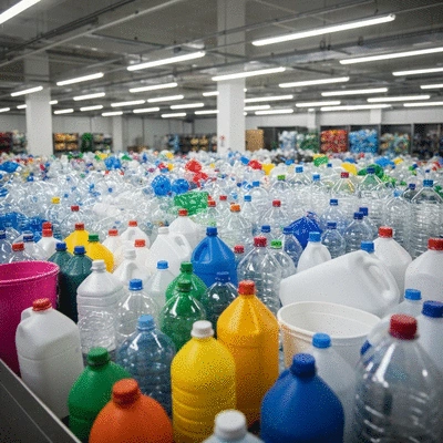 Diverse plastic waste items collected for recycling, clean and sorted, in a modern facility, no text, no words, no typography, no labels, clean image